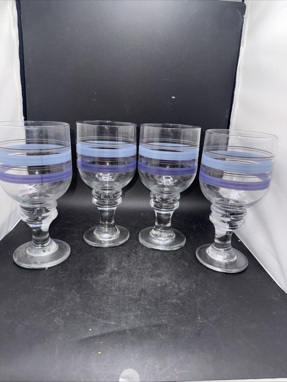 Set of 4 Pfaltzgraff Rio Iced Tea Goblets Blue Purple Stripe Glass Stemware